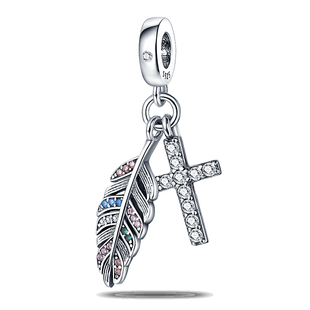 Berloque Cruz e Pena Prata 925 - Lavanda Lilac - Lavanda Lilac