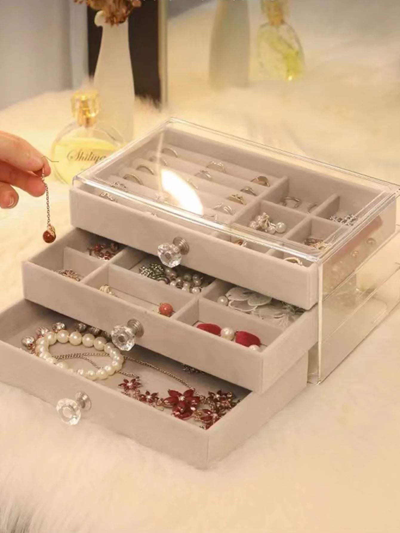 Caixa de Jóias Três Camadas com Gavetas Transparentes