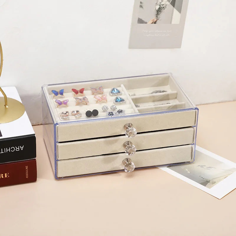 Caixa de Jóias Três Camadas com Gavetas Transparentes