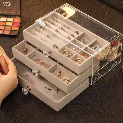 Caixa de Jóias Três Camadas com Gavetas Transparentes