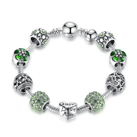 Pulseira Lilac com Berloques - Verde com Prata - Lavanda Lilac